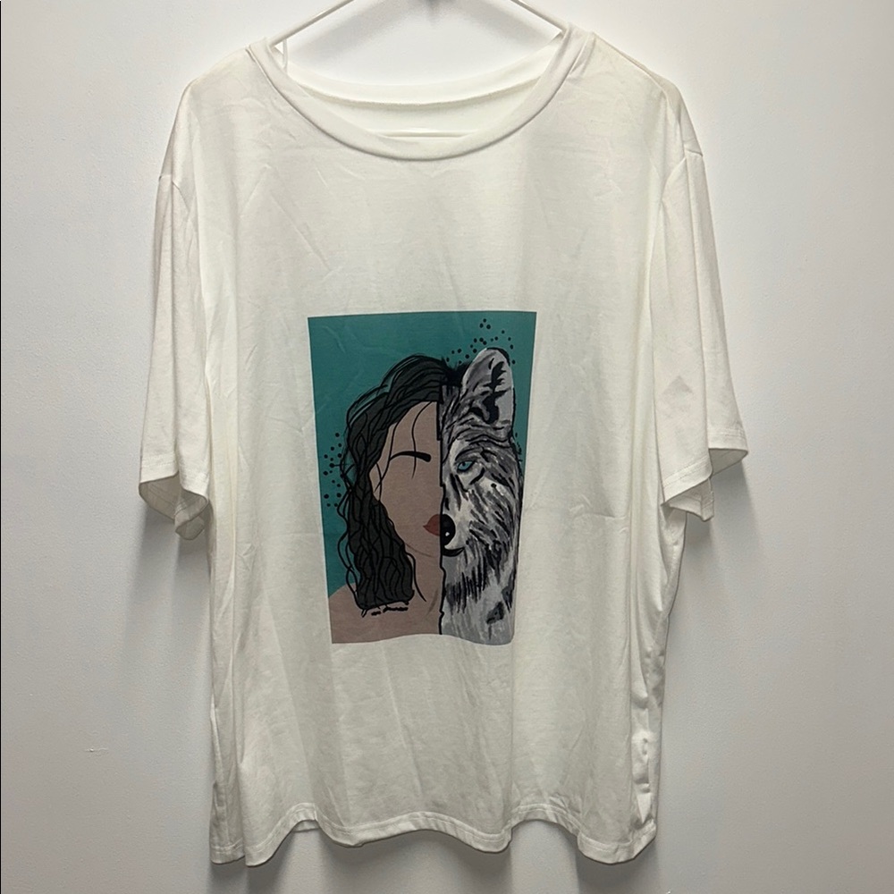 Graphic Tee with Wolf and Woman Design